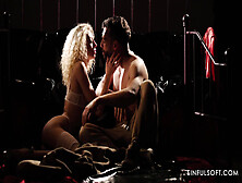 Dashing blonde plays erotic with her man by sucking dick and fucking like a goddes