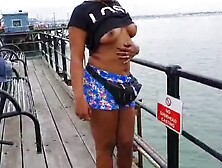 Public Hidden Gorgeous African Teenie Flashing Titties and Bubble Rear-End in Beach Pier Candid Tease