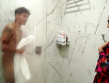 Huge rear-end stepmom ends up fucking her petite stepson after snooping on him in the shower