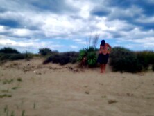 stripped pathetic white thrall,  fag in knob cage,  striptease and proudly present collar,  leash,  sex tool play at the homo beach,