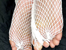 Ebony Girl Shows Off Her Feet With French Pedicure In Her White Fishnets