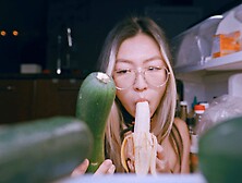 Hungry Teen Fucks Herself With A Cucumber While Sucking Cock For Some Extra Protein