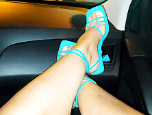 Mature stepmom with sexy legs in heels in the car with her younger stepson