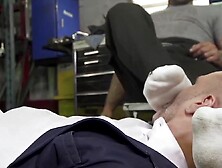 Mechanic dom wrestles hunk down for sweaty foot worship