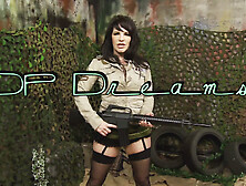 Horny brunette with huge titties, Daisy Rock, dressed in an army costume gets it on with a pair of hung guys