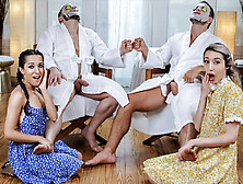 Horny Babes Drool Over Their Stepdads Oiled Bodies