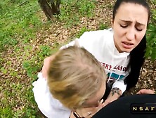 2 Girlfriends Suck Dick in the Woods Trio Outdoor Blow Job