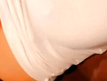 Asian girlfriend plays with her big milky breast