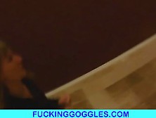 Blonde bitch sucks cock and fucks in public toilet