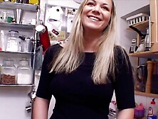 German golden-haired with large bazookas took off her clothing and started masturbating with a glass sex-toy