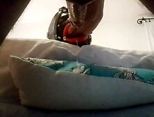 My wife is hogtied on the daybed with an open gag on her throat.  I drilled her mouth and cummed on her