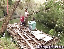 Tiny Dutch babe with large,  natural titties is having a male+male+female trio,  in the forest