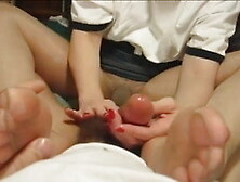 Daisy in sheer pantyhose gives a baby oil handjob