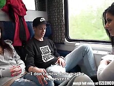 Marvelous teen brunette hair is having a foursome in the educate,  in the centre of the day