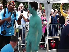 Naked Asain Lad's Body Painted In Public