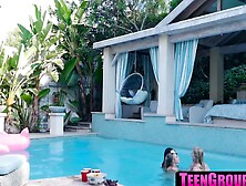 TeenGroupSex. com - Lesbian pool threesome with horny petite teen sluts