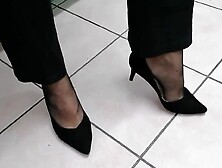 Secretly wearing my wifey's worn work clothes and heels