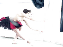Petite Brunette Ballerina Naked Pretends Eating Raw Meat