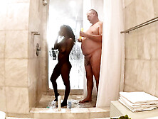 Sexy Petite Ebony Milf Taking A Shower With Sugar Daddy At His Penthouse