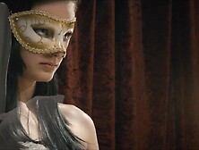 Black haired masked girl in high heels enjoys her pussy rubbing sexual fantasy