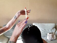 Dominatrix Nika brought her slave a condom with sperm.  The humiliation of a slave.