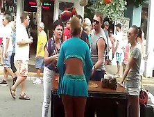 Hot Blonde In Short Blue Skirt Wind Upskirt