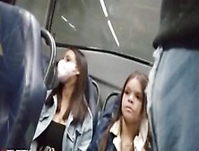 Flash red underwear with erect cock in bus