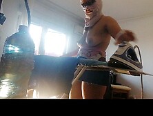 Amateur woman doing household chores naked.  Sexy mom takes a shower.