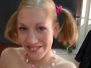 Close up blowjob from cute pigtailed teenager