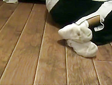 Hot Female Wearing And Playing In Her Long White Gray Toe And Heel Socks