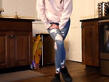 Desperate Girl With Locked Jeans Pees Herself