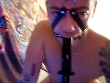 Sadomasochism ring gag,  deepthroat training and drooling like avid on sextoy