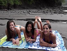 Young wet 18yo brunette Latina babes enjoys threesome orgy outdoors on the beach