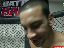 Skinny tattooed blonde with small tits fucks in a boxing ring