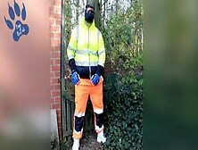 Quick Pawing Off In Hi-Vis Tracksuit And Sneakers Outdoors