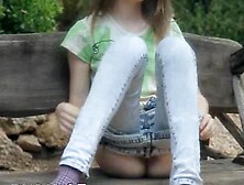 Ultra skeletal girl fingering on a bench