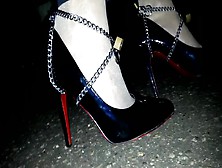 Amateur lady is forced to walk long distance in her sexy black high heel shoes