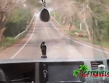 Amateur couple takes outdoors shower at vacation resort