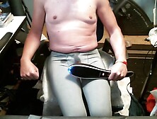 Full Bladder torture with Massager.  Jizz in tight leggings then lose control!