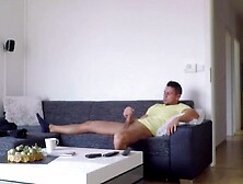 Buffed stud masturbates and sprays cum on his rock hard abs