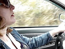 Squirting in car.  Alluring Milf stops car on side of road,  masturbation twat,  gets strong wet cumming.  Squirt