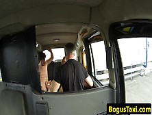 Bogus taxi threesome with messy facial climax