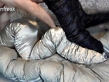 Part 1 Humping the Pillows.  Downfreaks Satin Pillows,  Down bag and Down Pants.