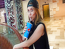 Russian beauty with glasses is kneeling and in public Blowjob