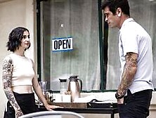 Petite waitress Stevie Moon anal fucked by asshole client his twin brother