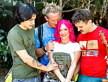 Purple-haired bimbo Gracie Gates gets fucked in a tent