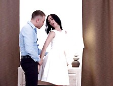 Beautiful brunette makes love with handsome client