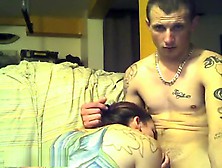 Cute Looking Brunette Sucking Her Tattooed Lover