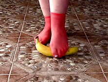 Chunky Legs In Socks Ruthlessly Trample Banana.  Crush Bizarre,  Foot Bizarre.