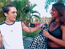 Romantic sexy couple enjoyed their honeymoon in public place